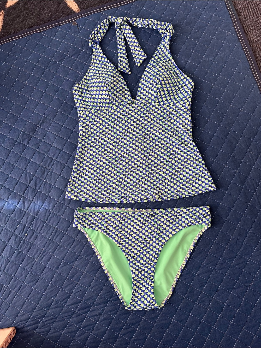 Tommy Bahama Palm Modern Mosaic Blue and Lime Halter Tankini Set